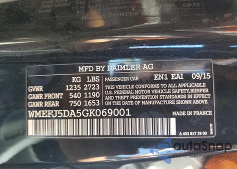 2016 Smart Fortwo из США, поврежденный, VIN WMEFJ5DA5GK069001